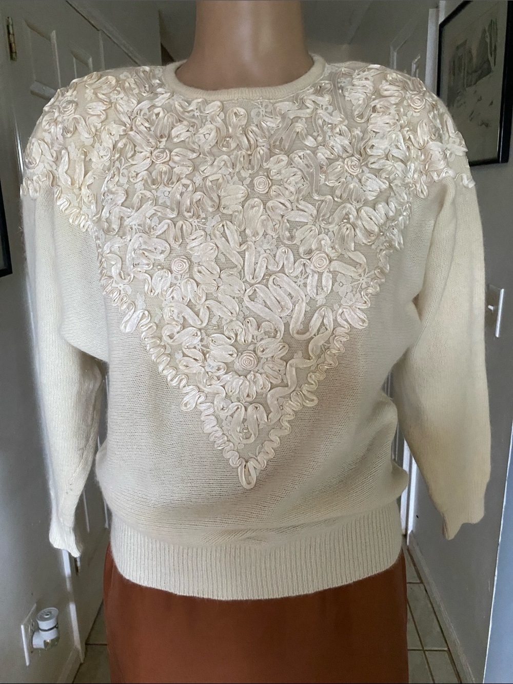 Nilani vintage Cream Embellished Crewneck Sweater -angora and lambs wool blend.